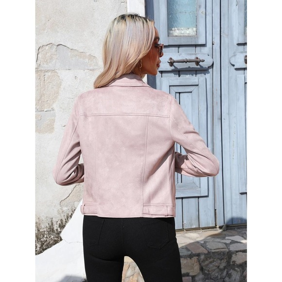 vegan suede Zip Up Solid Moto Jacket camel brown tan - Picture 5 of 12